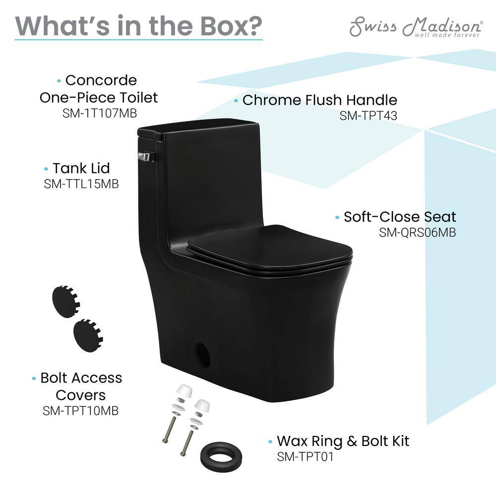 Swiss Madison Concorde 1-piece 1.28 GPF Single Flush Square Toilet in Matte Black Seat Included SM-1T107MB