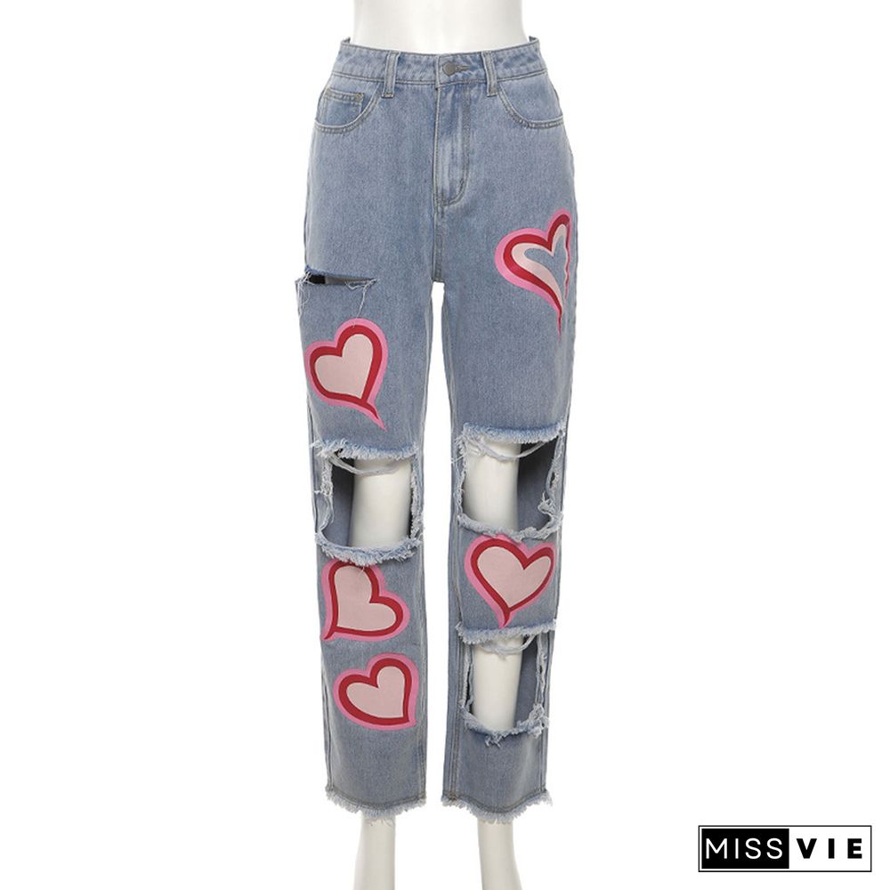 Fashion Hollow Hole Print High Waist Straight Casual Jeans