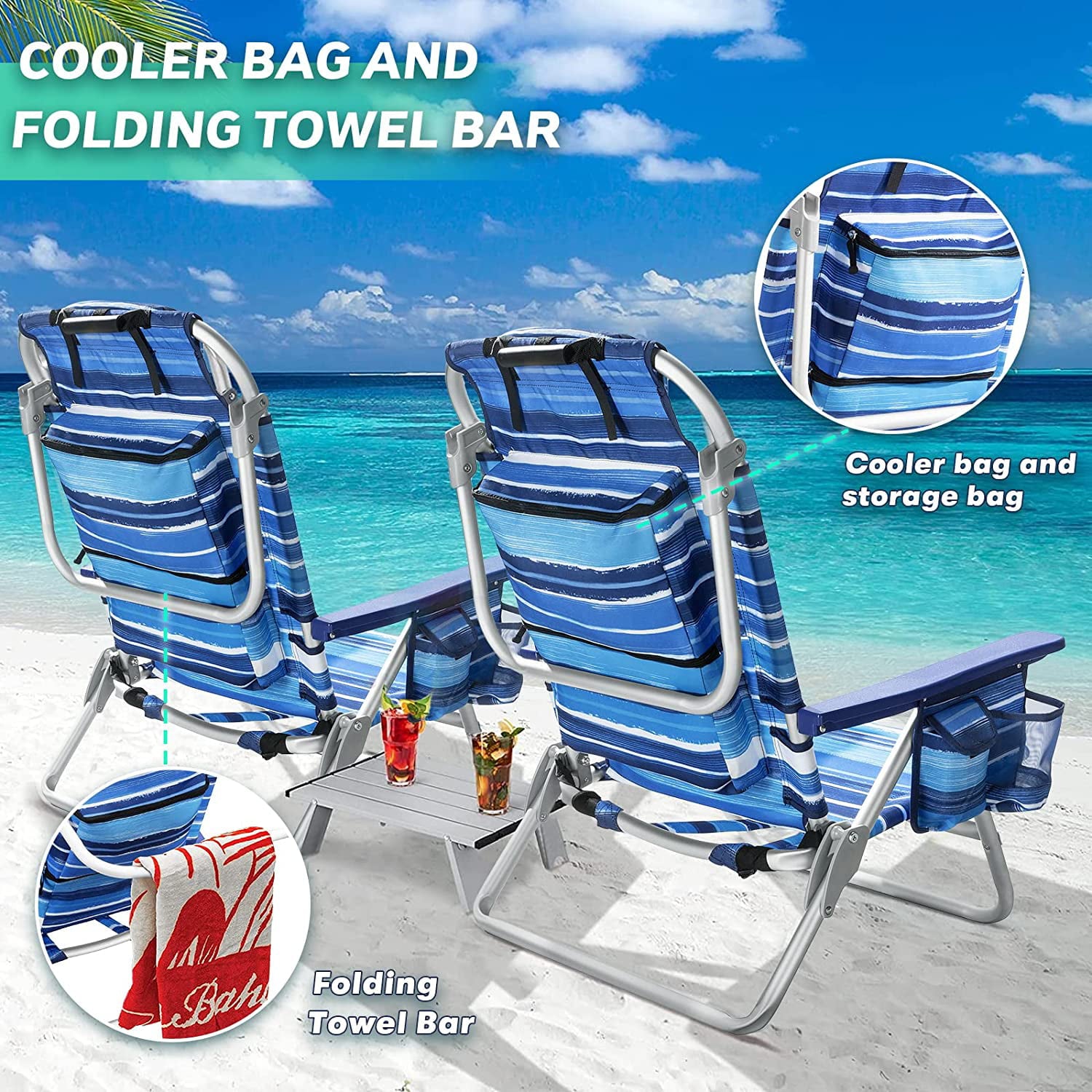 Waleaf Heavy Duty Folding Tall Backpack Beach Chair，High Back Beach Chairs for Adults，5-Position Lay Flat Beach Chairs with Headrest， Towel Bar， Cooler Bag， Storage Bag， Cup Holder and Phone Holder