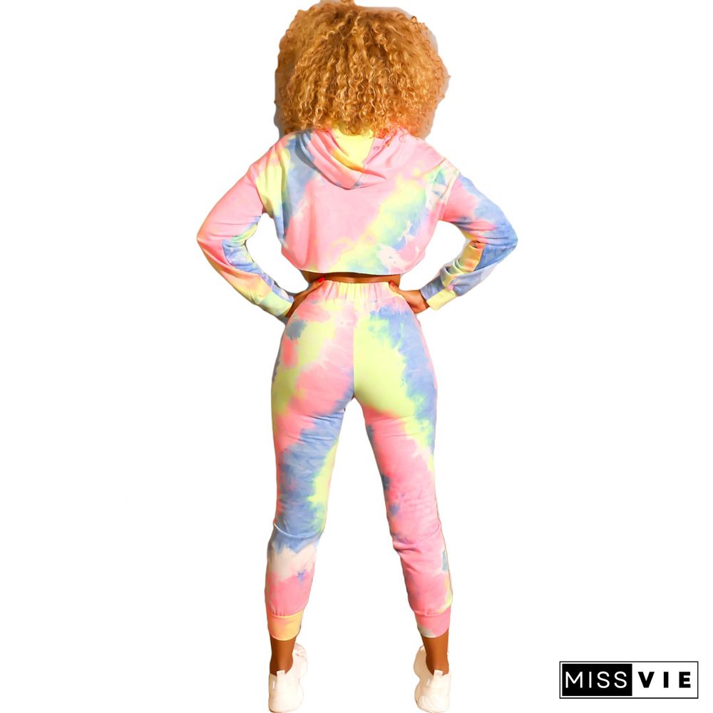 Tie Dye Print Hooded Crop Top Skinny Pants Set