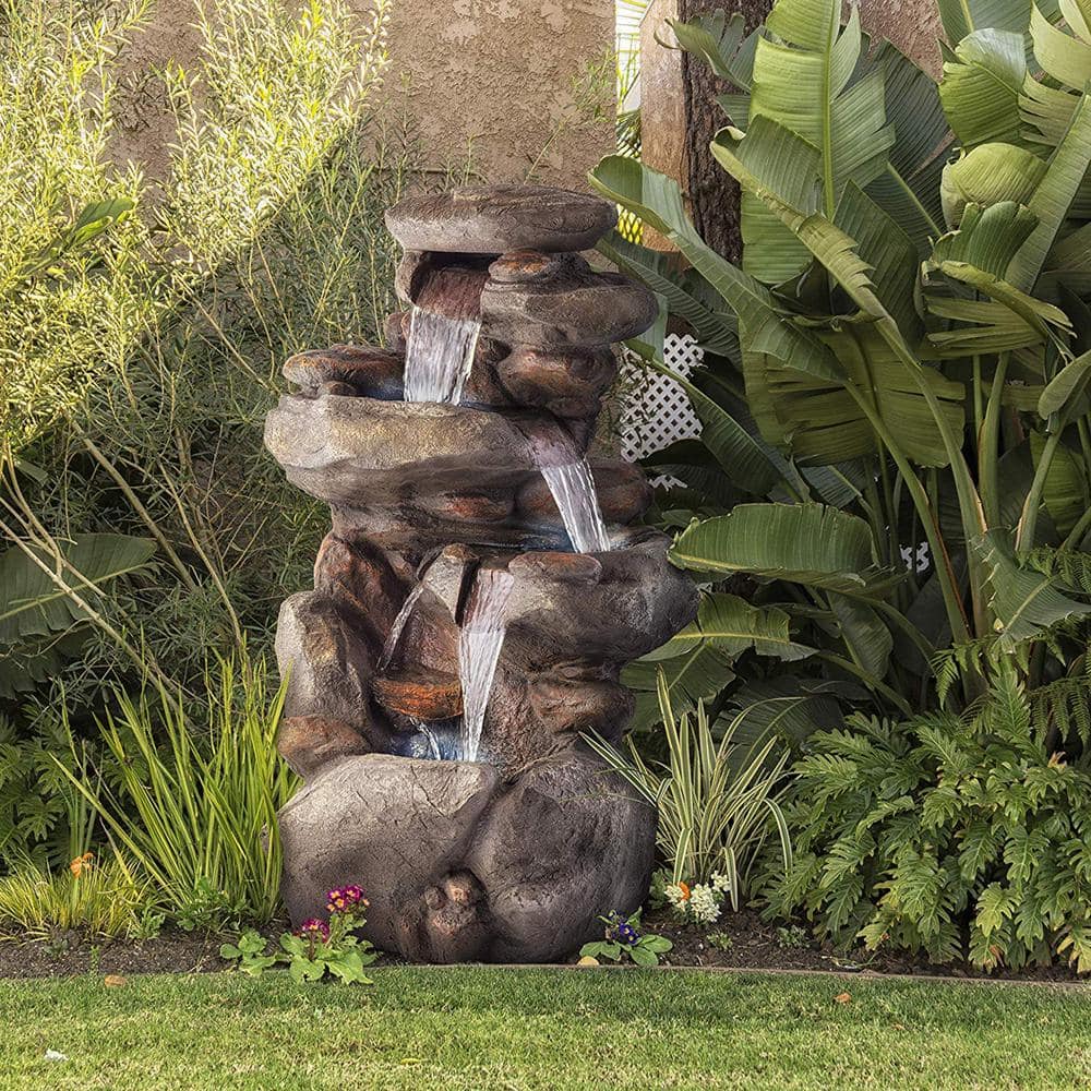 Alpine Corporation 40 in. Tall Outdoor 4-Tier Rock Water Fountain with LED Lights WIN316