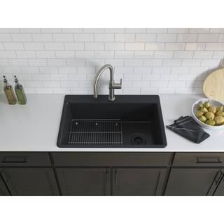 KOHLER Kennon Dual Mount Neoroc Granite Composite 33 in. 1-Hole Single Bowl Kitchen Sink in Matte Black with Basin Rack K-8437-1-CM1