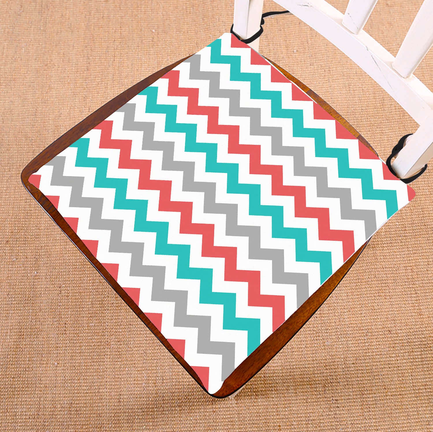 GCKG Coral，Light Green，Gray and White Chevron Zig Zag Pattern Chair Pad Seat Cushion Chair Cushion Floor Cushion with Breathable Memory Inner Cushion and Ties Two Sides Printing 16x16inch