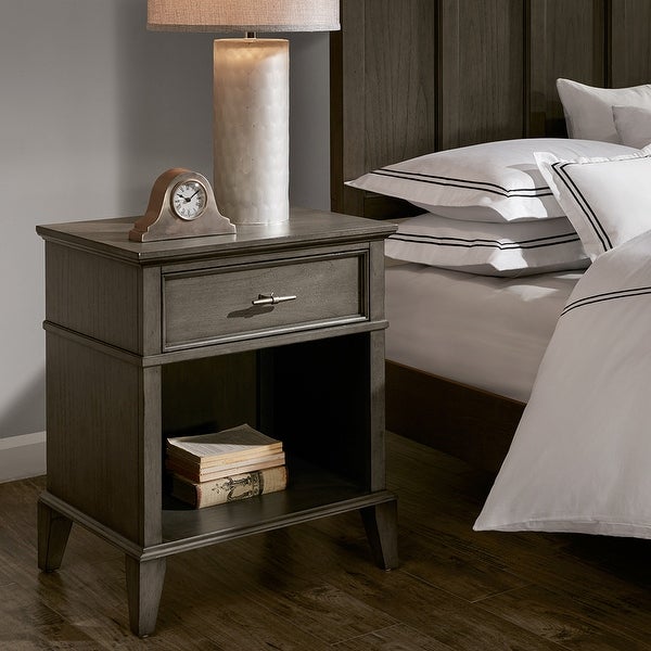 Modern Traditional 24 Inche Nightstand， Grey Solid Wood， Rectangle， with 1 Drawer and Storage Shelves - - 37955952