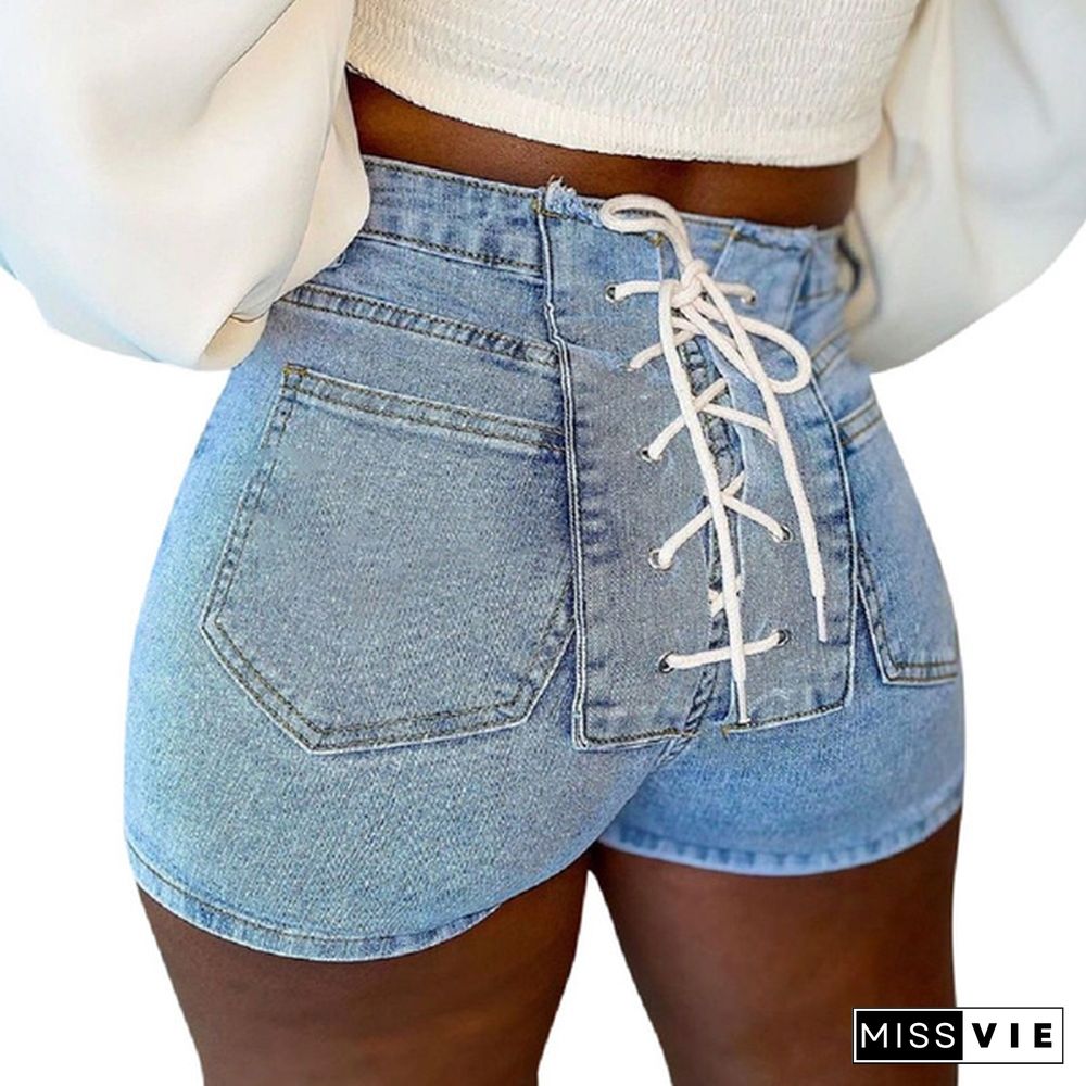 Women Summer Stretch Denim Jeans Shorts Back Bandage Skinny Bodycon Short Pants