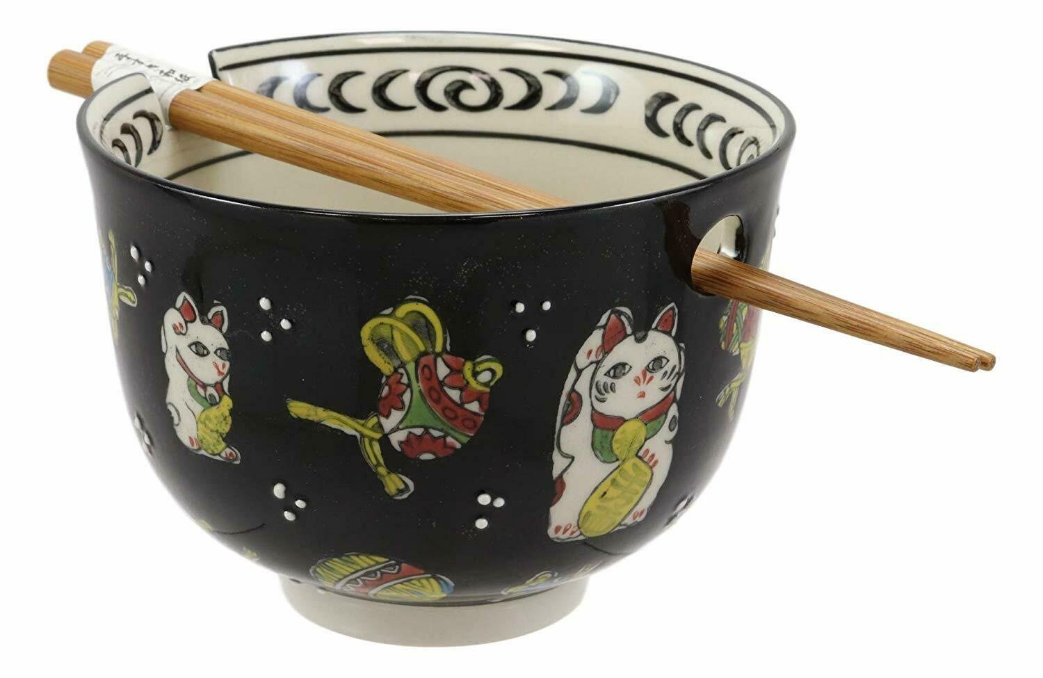 1 Lucky Cat Japanese Maneki Neko Black Porcelain Ramen Bowl With Chopsticks Set EBR02