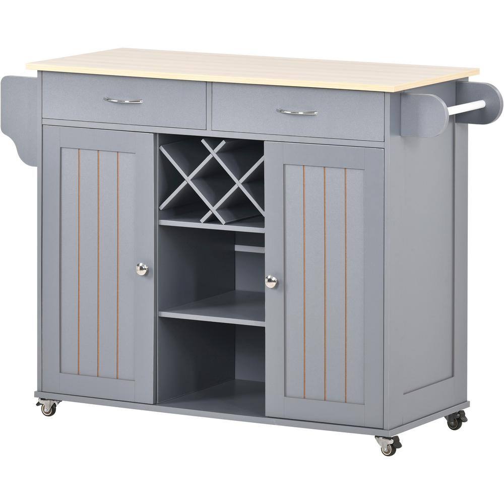 Tileon Gray Blue Wood Table Top 48 in. W Kitchen Island with Drawers 2 Storage Cabinets and Locking Wheels Wine Rack Spice Rack WYHDRA073