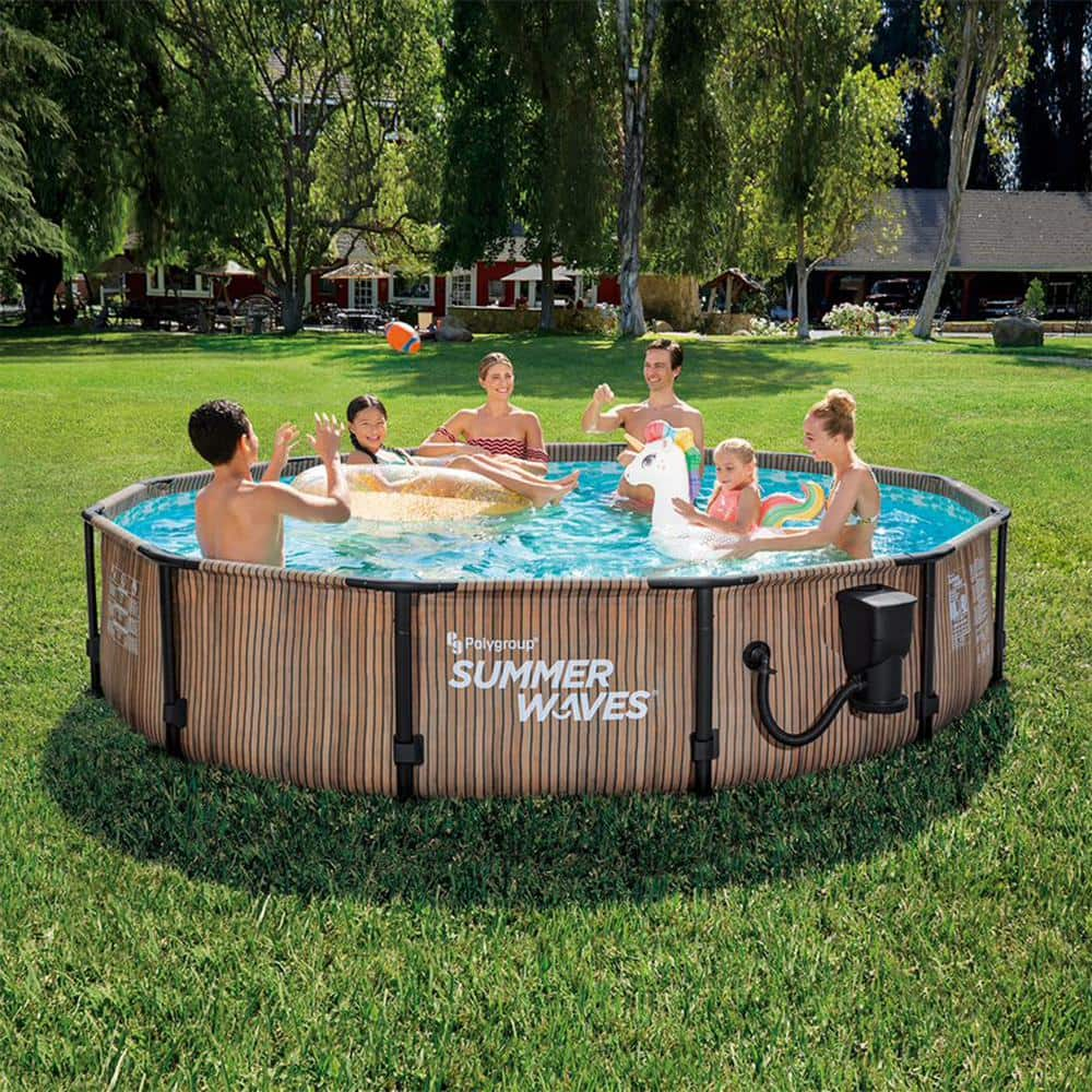 Summer Waves Natural Teak Elite 12 ft. x 30 in. Round Frame Above Ground Swimming Pool P4E01230A