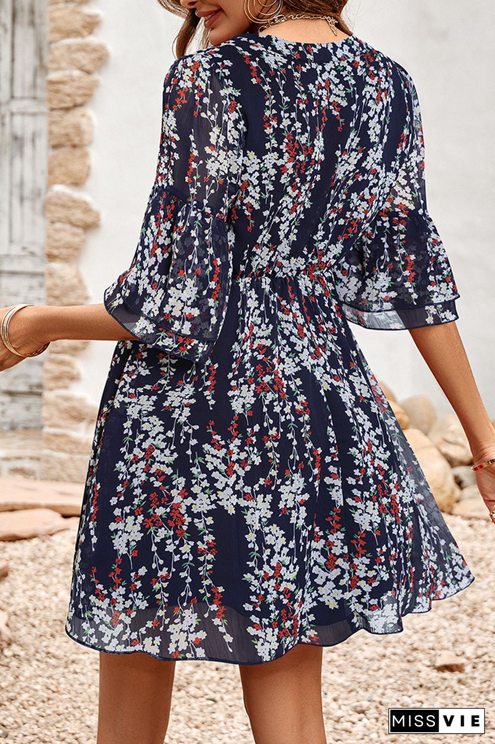 V Neck Buttoned Down High Waist Floral Dress