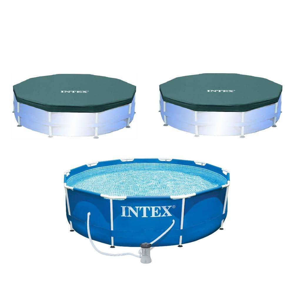 Intex 10 ft. x 2.5 ft. Round Frame Pool with Filter Pump and 10 ft. Vinyl Cover (2-Pack) 28201EH + 2 x 28030E