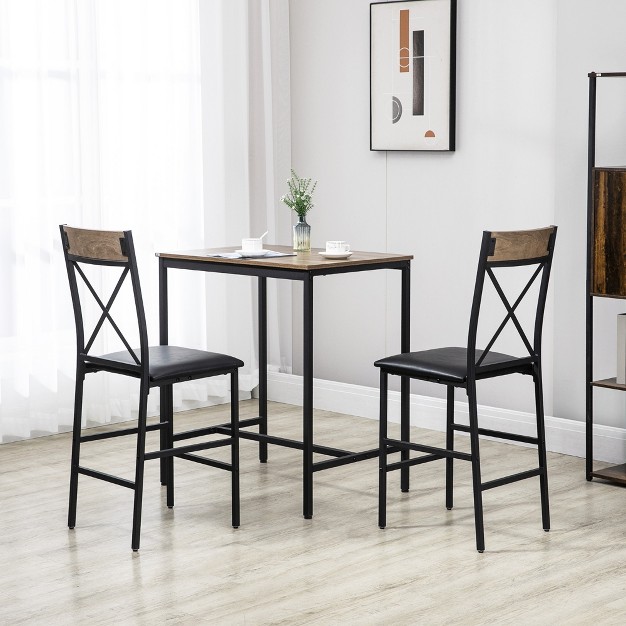 Homcom 3 Piece Bar Table And Chair Set Dining Table And Armless Chairs Set With Pu Padded Stools And Steel Frame Brown