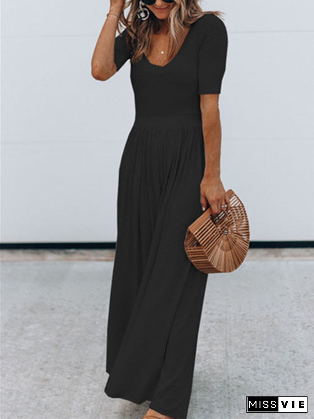 Women's Solid Color Short Sleeve Wide Leg Loose Jumpsuit