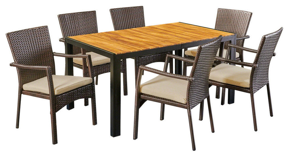 GDF Studio Faithe Outdoor 6 Seater Rectangular Acacia Wood and Wicker Dining Set   Tropical   Outdoor Dining Sets   by GDFStudio  Houzz