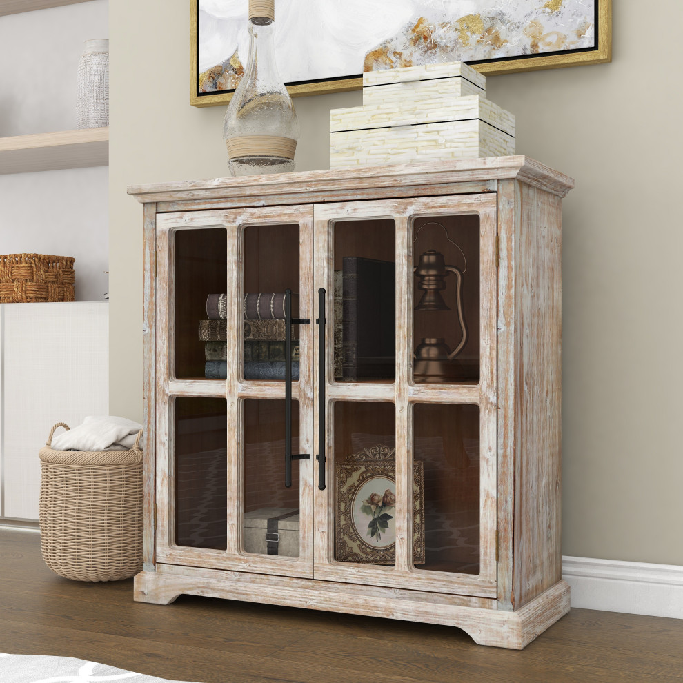 Farmhouse Rectangular Brown Wood and Glass 2 Door Cabinet   Farmhouse   Accent Chests And Cabinets   by Brimfield  ampMay  Houzz