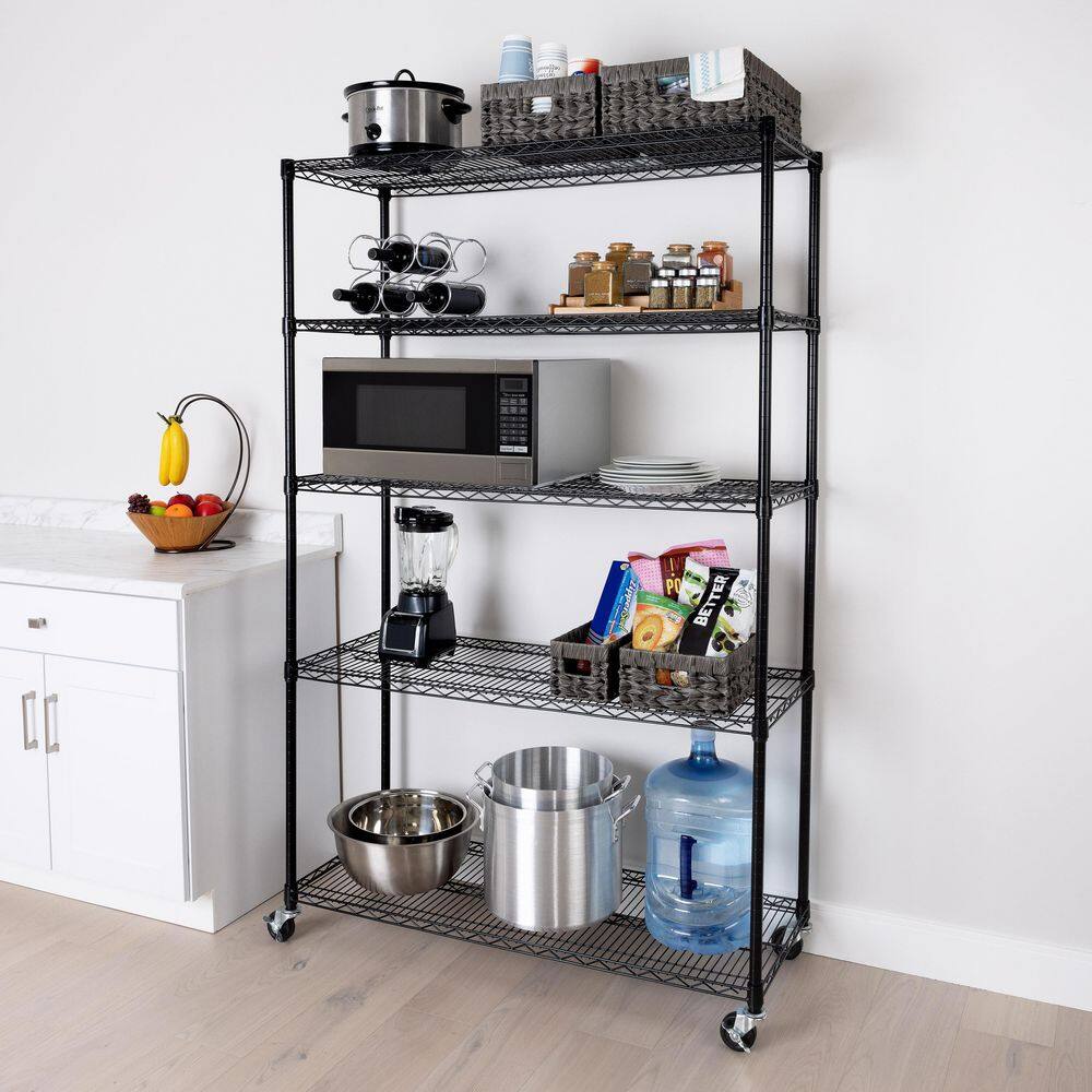 Seville Classics UltraDurable Black 5-Tier Adjustable Rolling Wire Steel Garage Storage Shelving (48 in. W x 75 in. H x 18 in. D) WEB725