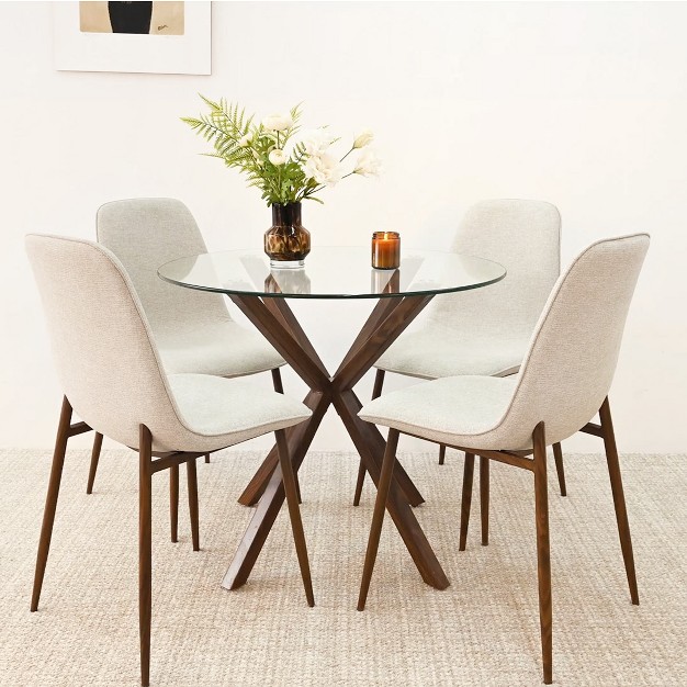 Olive oslo Round Glass Dining Table With Chairs 5 piece Round Clear Glass Dining Table Set With 4 Upholstered Dining Chairs Walnut Legs the Pop Maison