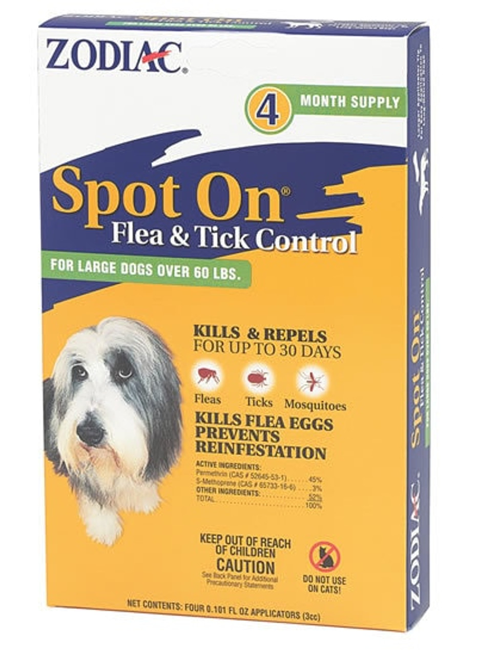 Zodiac Spot On Flea and Tick Control For Dogs Over 60 Pounds， 4 Pack