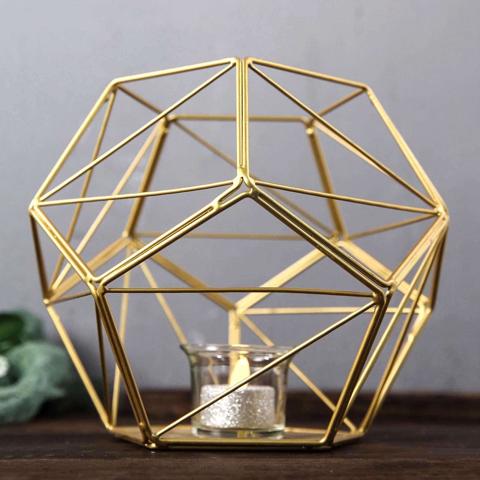 Gold Metal Pentagon Prism Tealight Candle Holder, Open Frame Geometric Flower Stand 7