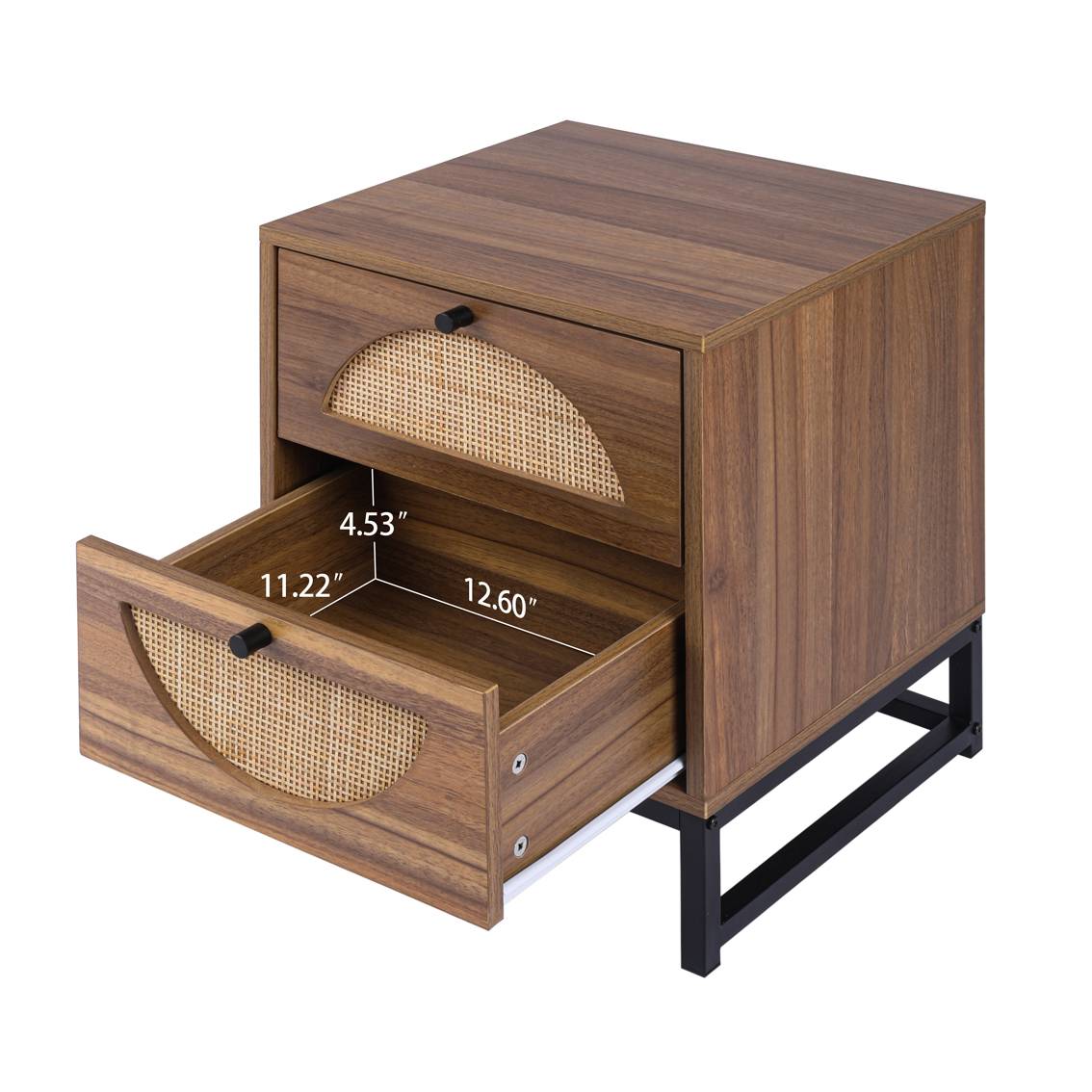 Rattan Nightstand Set of 2 Walnut End Table with 2 Natural Rattan Drawer