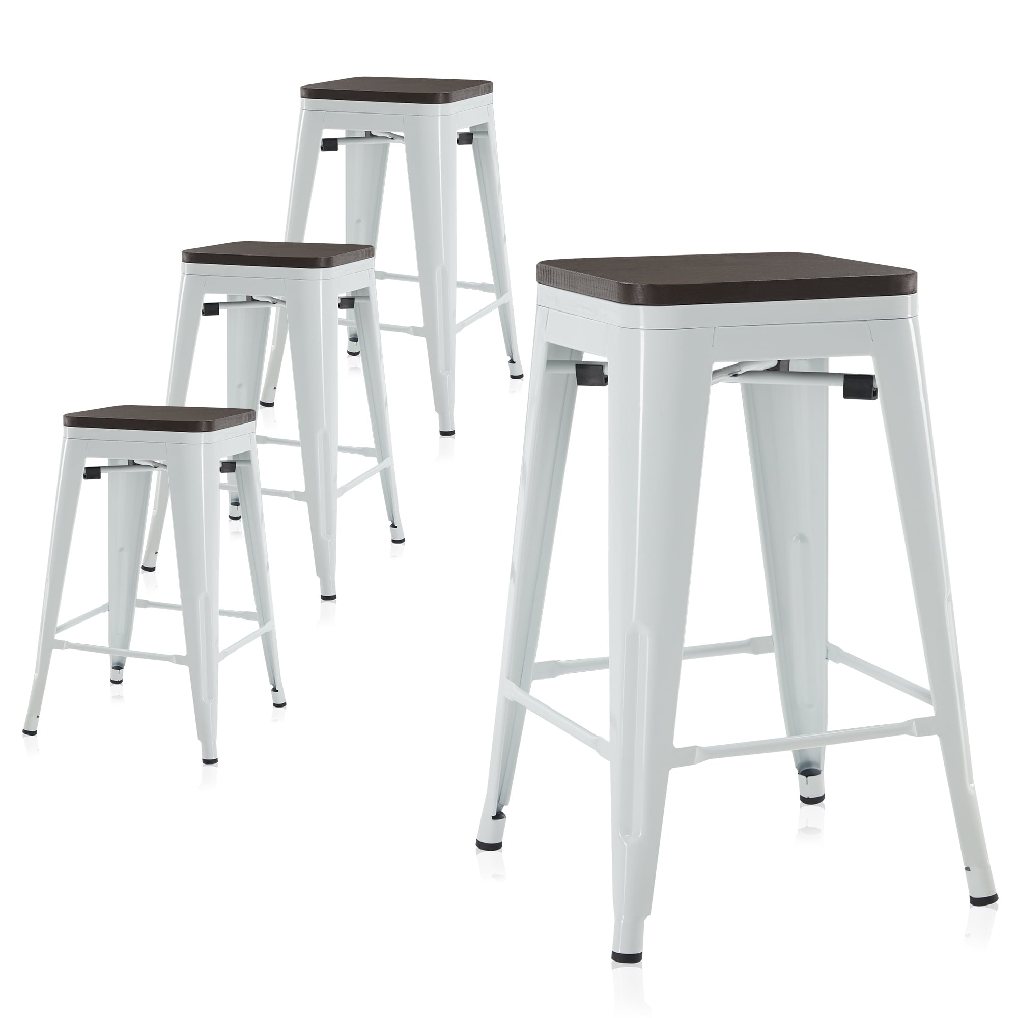 BELLEZE Set Of 4， 24Inch Metal Bar Stools Dining Chairs With Wood Seat， Stackable Counter Height Barstools， White