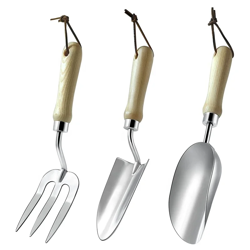 Customized Sturdy Stainless Steel Gardening Tools Scoop Hand Trowel Fork with Wooden Handle and Leather Strap