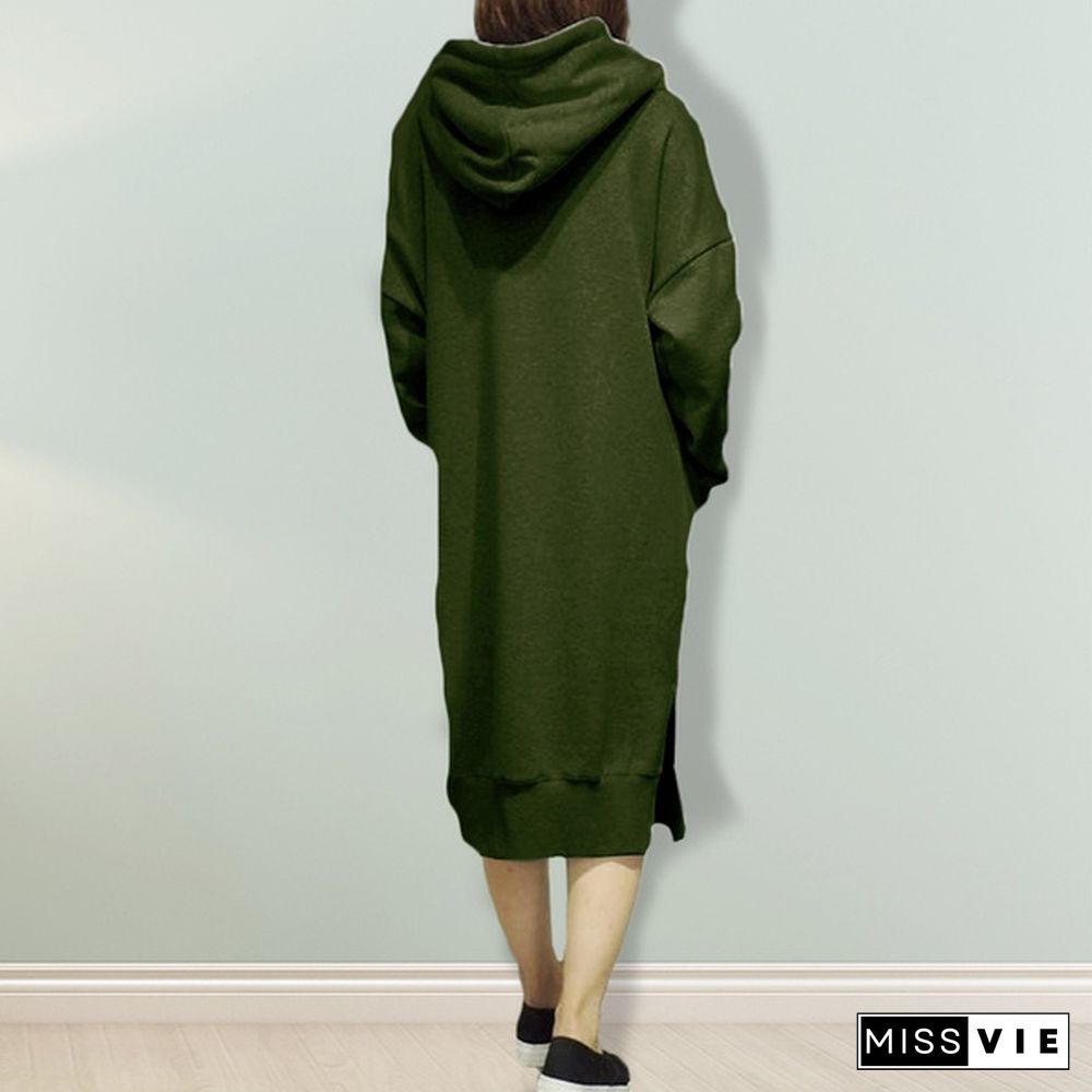 Women Autumn Winter Casual Long Hooded Pullovers Loose Fleece Long Oversized Hoodie Dress S-5XL