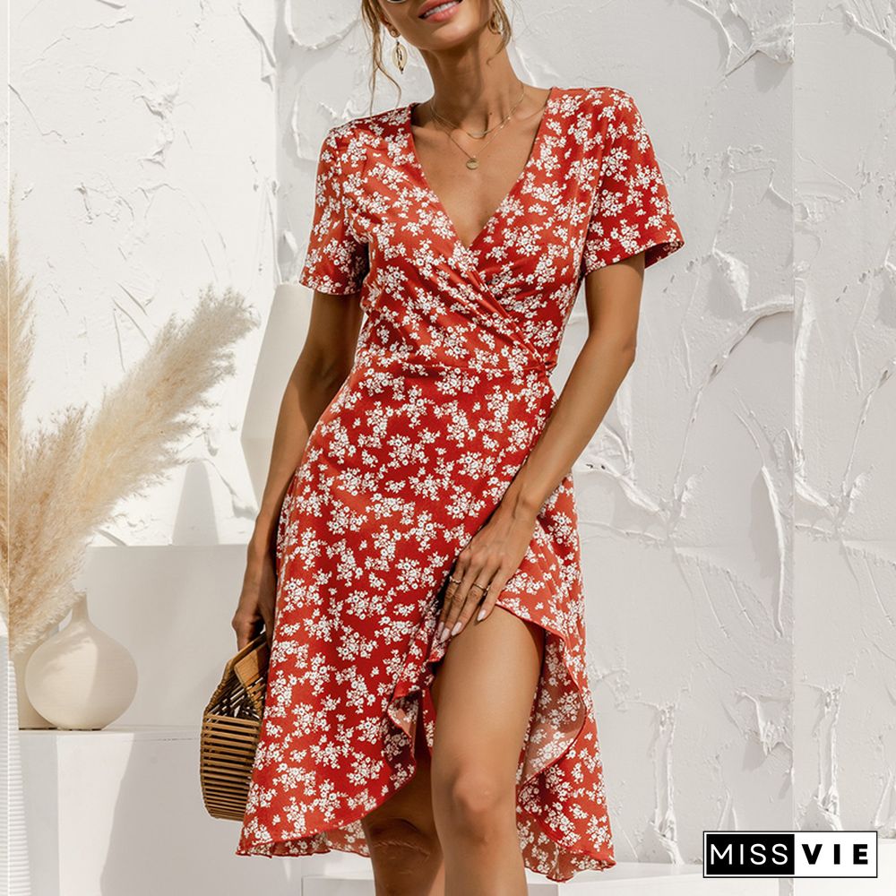 Short Sleeve Women Summer Beach Midi Dress V-neck Lace-up Flower Dress New Sexy High Waist Retro Mid-length Printed Dress