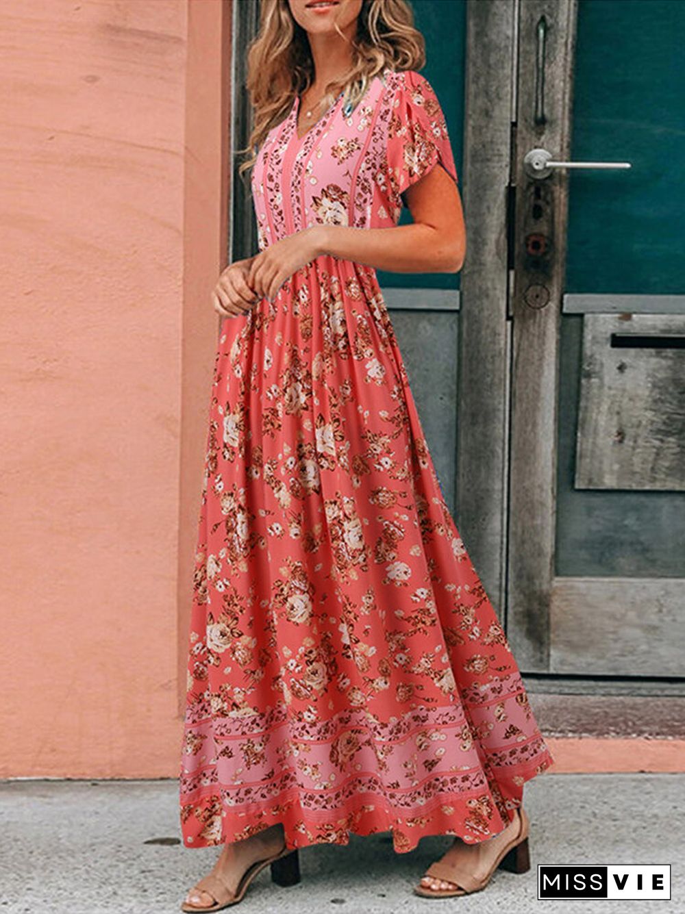 Bohemian Floral Print Tulip Sleeve V-neck Maxi Dress