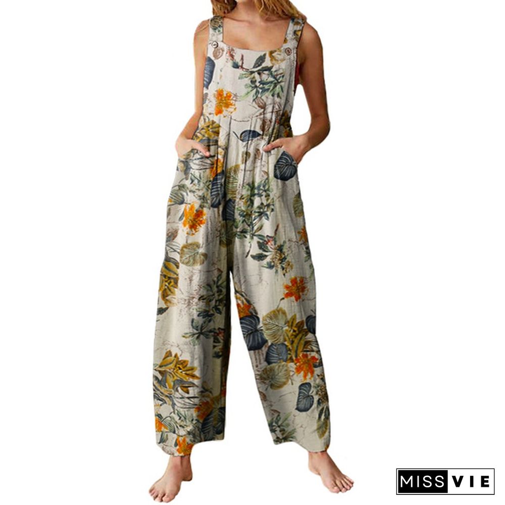 VONDA Women Floral Print Wide Leg Bib Overalls Long Trousers Summer Sleeveless Cotton Jumpsuits Rompers Plus Size Pantalon femme