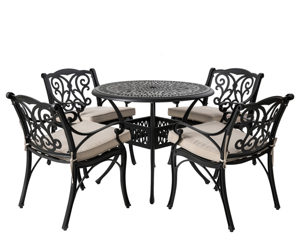 5 Piece Cast Aluminium Dining Set  Wine Red Cushions and Olefin Fabric   Mediterranean   Outdoor Dining Sets   by Glitzhome  Houzz