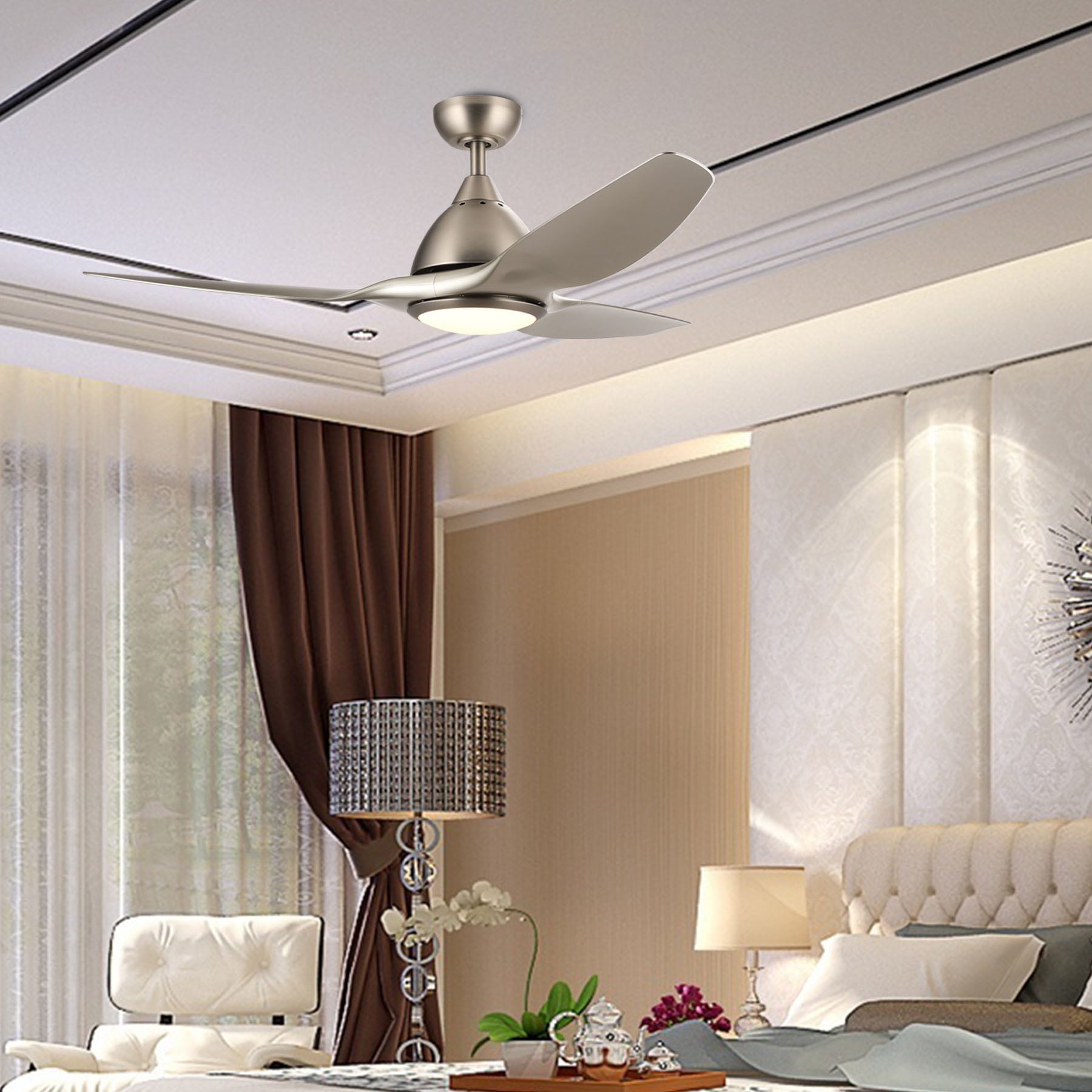 52-Inch Contemporary Ceiling Fan with Three Silver ABS Blades and White Glass LED Light Kit (15W 3000K) Brushed Nickel Finish Remote Control