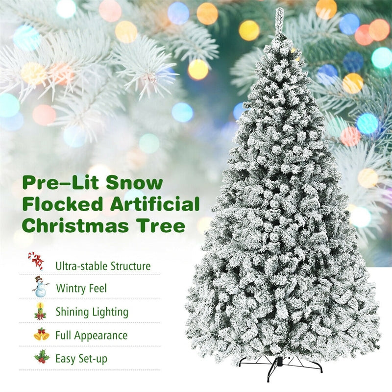 6/7.5/9FT Pre-Lit Hinged Artificial Christmas Tree, Premium PVC Snow Flocked Pine Tree with Metal Stand