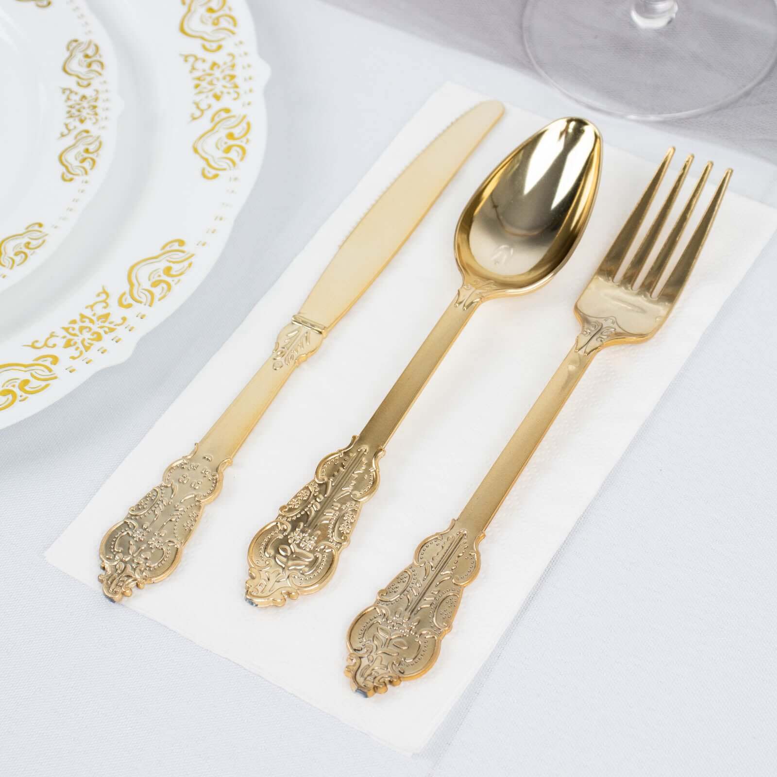 24 Pack Metallic Gold Baroque Style Heavy Duty Plastic Silverware Set