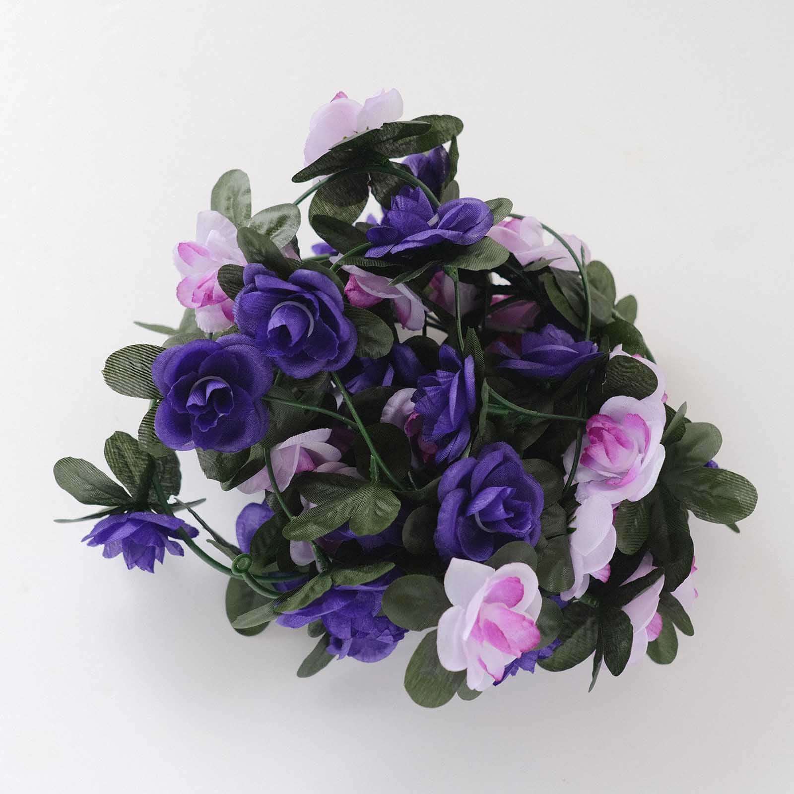 2 Pack Lavender Purple Artificial Silk Mini Rose Vines Hanging Flower Garland with 45 Flower Heads - 8ft