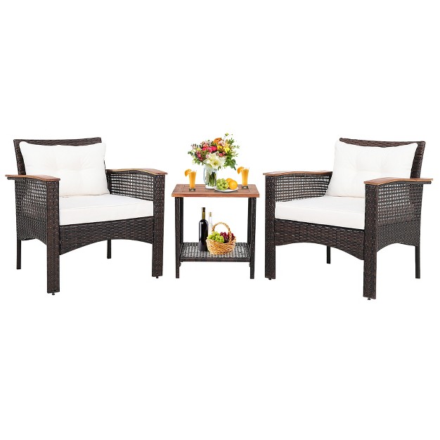 Costway 3pcs Patio Rattan Furniture Set Acacia Wood Table Top W shelf Cushioned