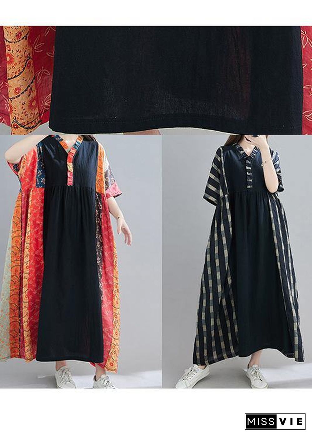 100% V Neck Patchwork Spring Clothes Sleeve Black Plaid Maxi Dress