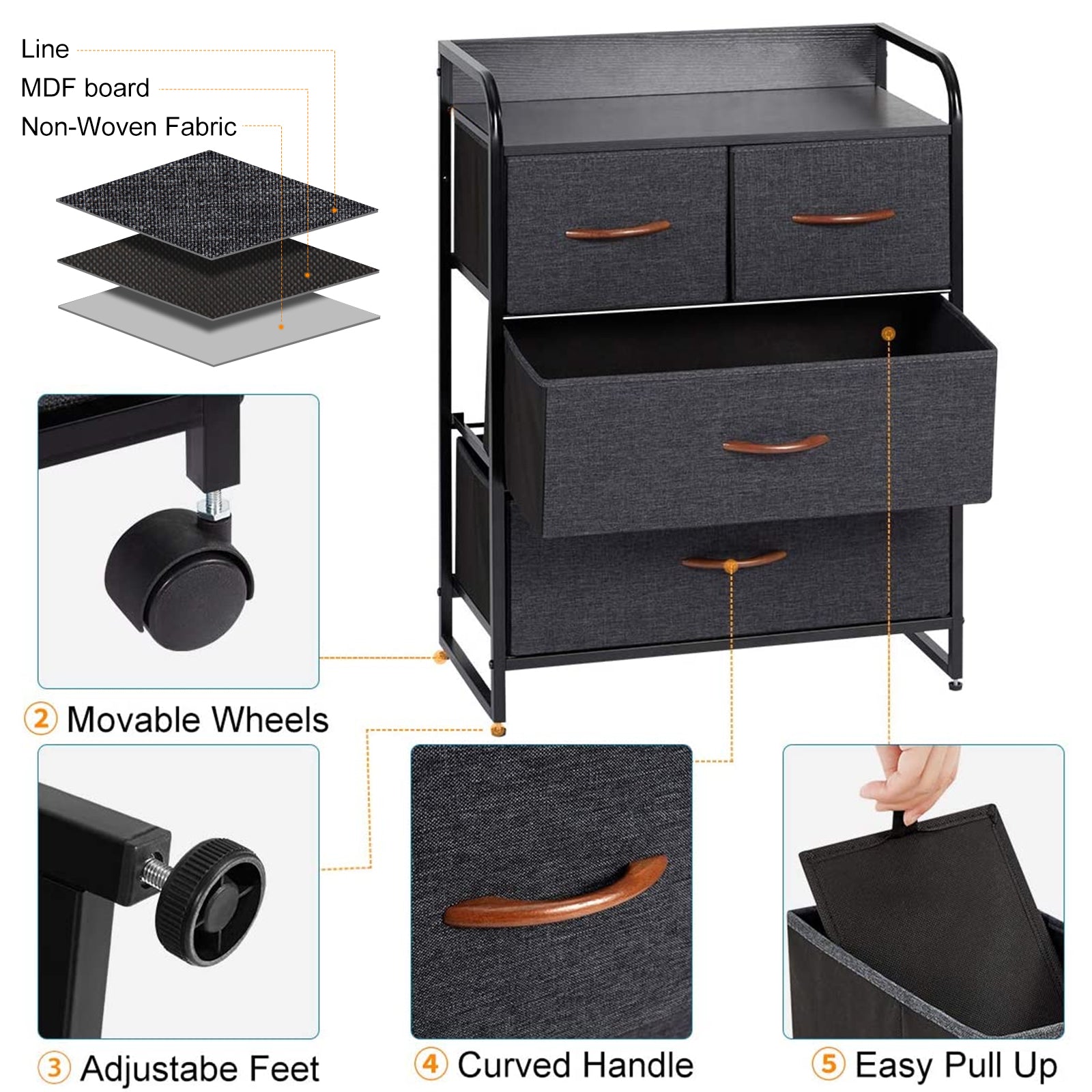 AVAWING Dresser for Bedroom with 4 Drawers,Fabric Dresser Tower for Closets,Bedroom, Hallway- Sturdy Steel Frame, Black Wooden Top(Grey)