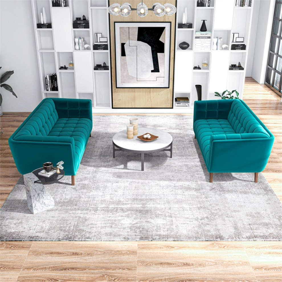 Keyman Mid Century Pillow Back Velvet Sofa Set in Turquoise   Midcentury   Living Room Furniture Sets   by Homesquare  Houzz