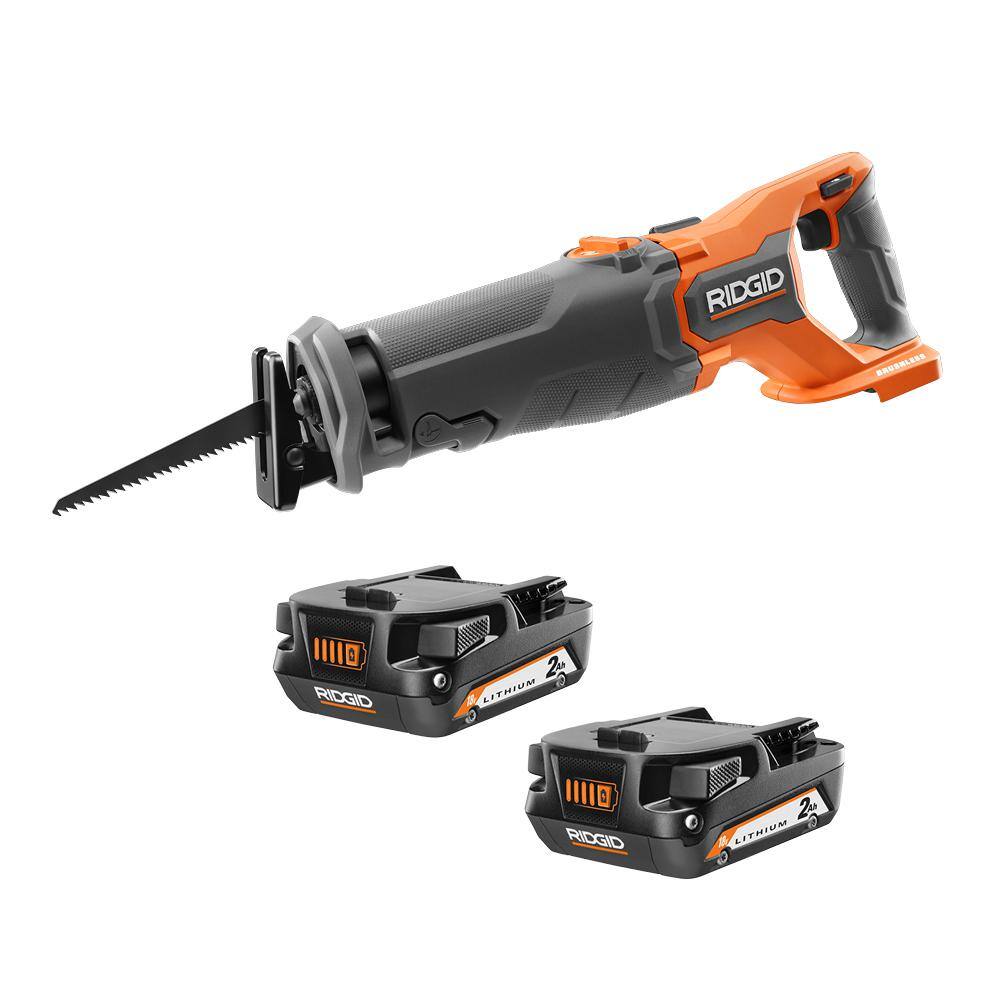 RIDGID 18V 2.0 Ah Compact Lithium-Ion Batteries (2-Pack) with 18V Brushless Cordless Reciprocating Saw AC8400802P-R8647B