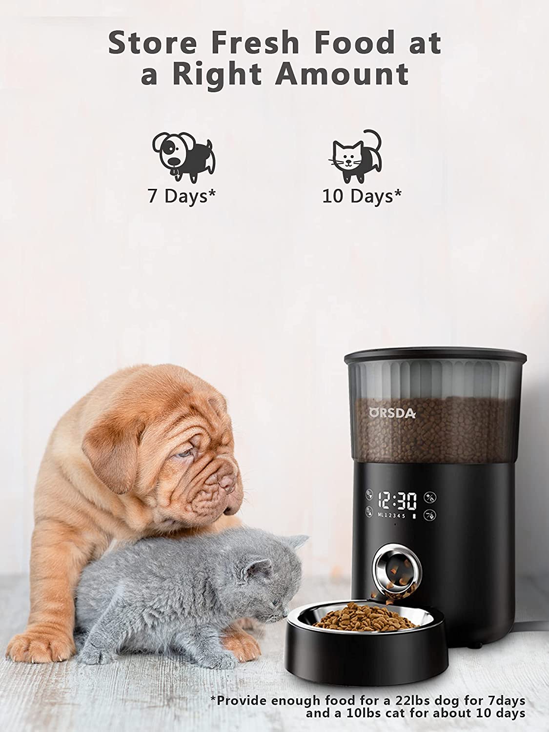 ORSDA Automatic Cat Feeder， 135oz/4L Dog Feeder Pet Food Dispenser with Programmable Timer， Portion Control 1-5 Meals Per Day， Dual Power Supply and Voice Recorder for Small to Medium Cats Dogs (Black)