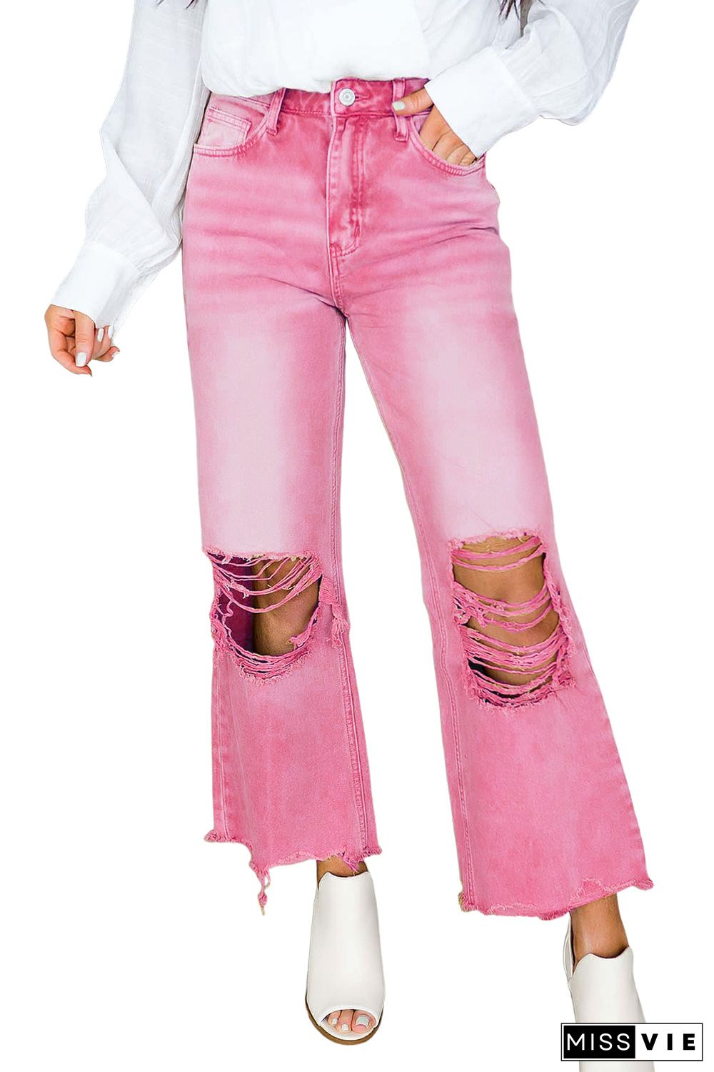 Distressed Hollow-out High Waist Cropped Flare Jeans