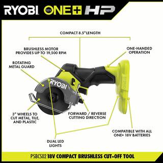 RYOBI ONE+ HP 18V Brushless Cordless Compact 12 in. DrillDriver Cut-Off Tool (2) 1.5 Ah Batteries Charger and Bag PSBDD01K-PSBCS02B