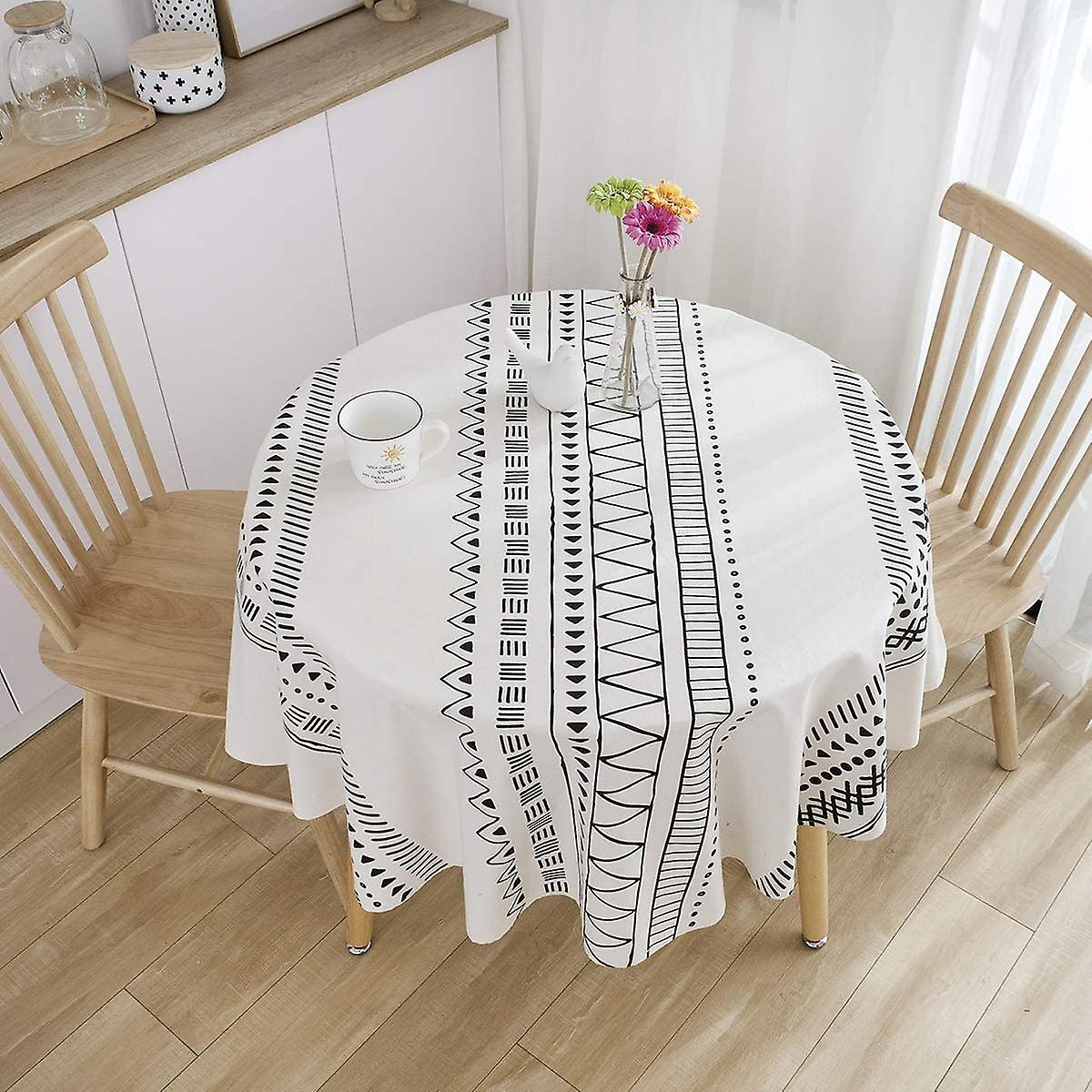 Cotton Linen Table Cloths Heavy Fabric Boho Table Cover Table Top Tablecloth For Farmhouse Coffee Kitchen Picnics White Black Round 60 Inch(4-6 Seats)