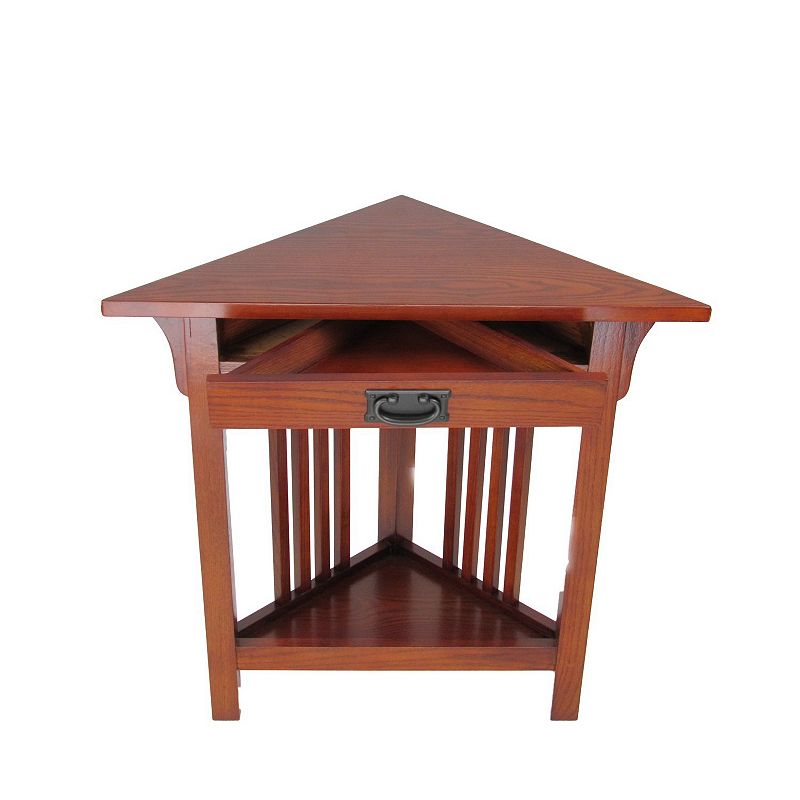 Mission Style Wooden Corner Table with 1 Drawer and Bottom Shelf， Brown