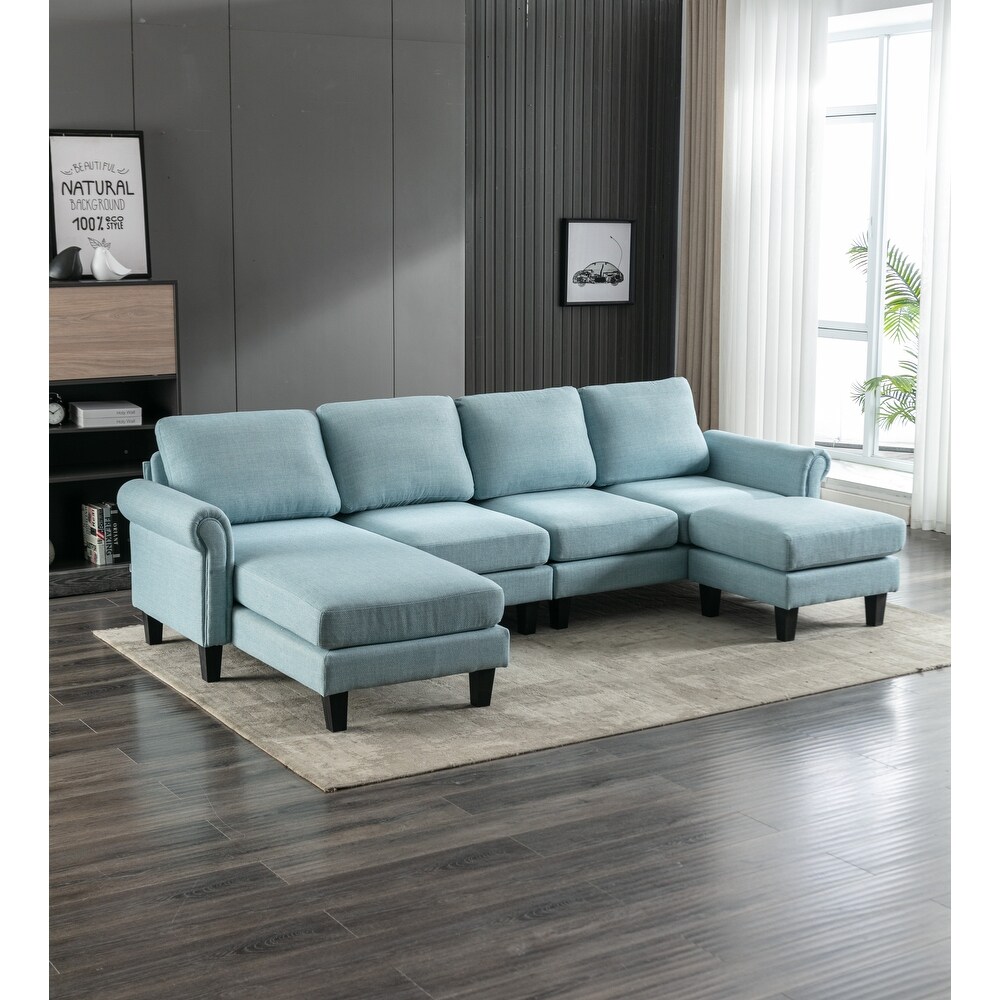 Light Blue Recliner Couch  U shaped Sectional Sofa w/ Chaise   Ottoman