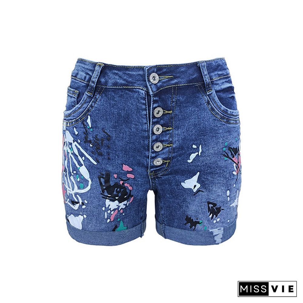 Brand New Plus Size Women's Denim Shorts Washed Printed Jeans Summer Denim Shorts