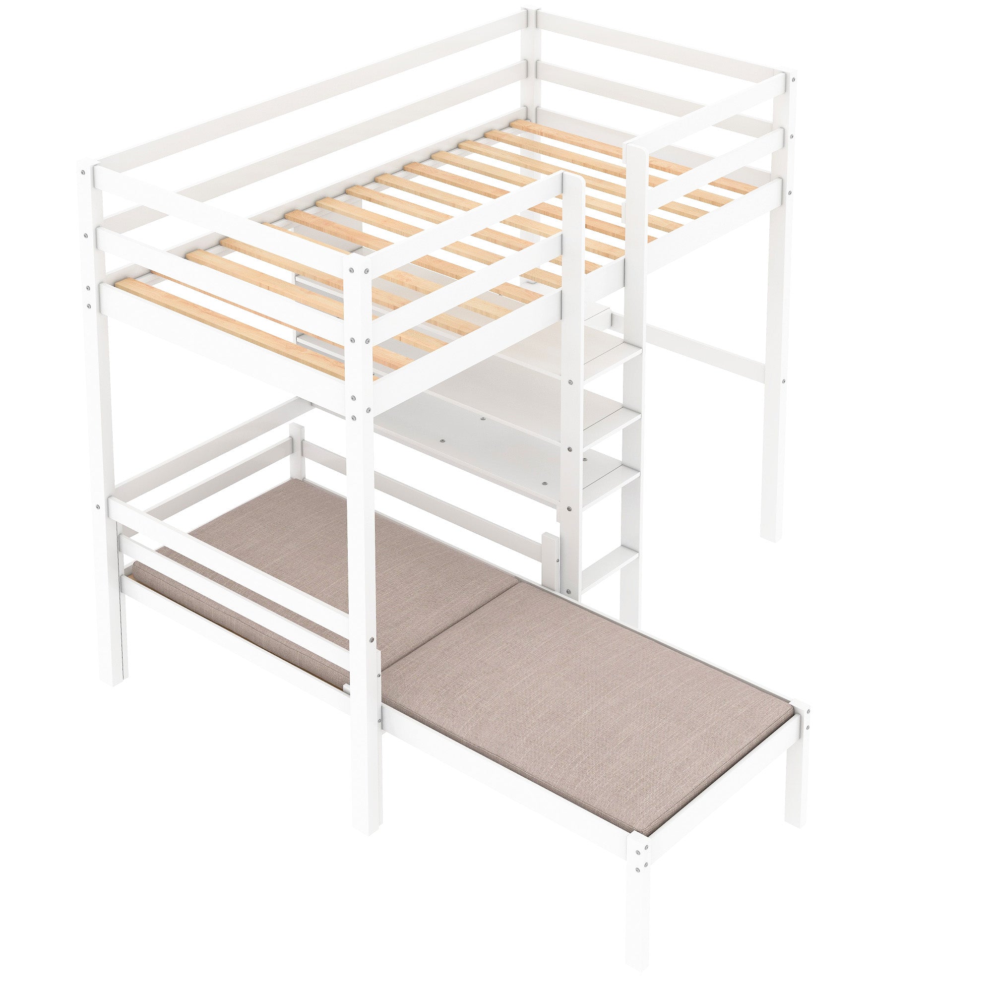 Euroco Twin Size Wood Bunk Bed with Shelves & Desk for Kids Bedroom, White