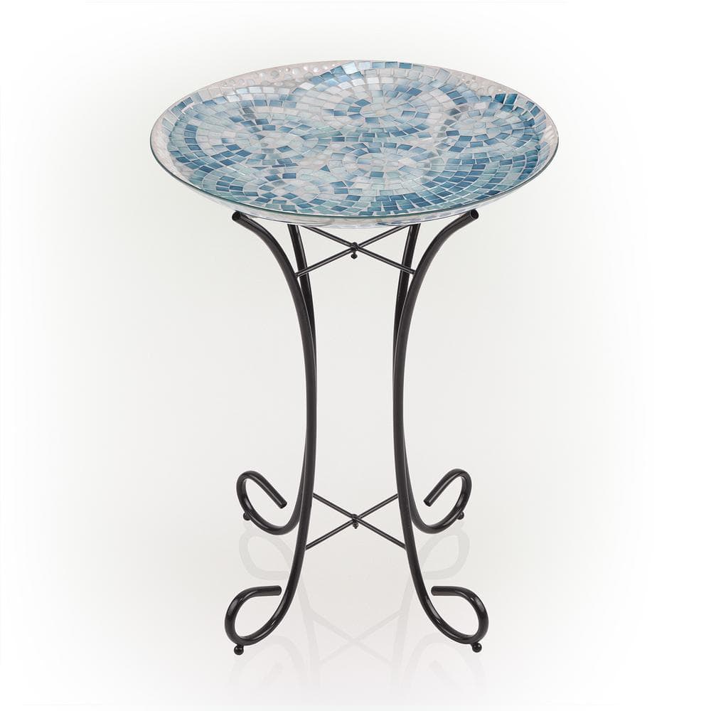 Alpine Corporation 24 in. Tall Outdoor Mosaic Style Glass Birdbath Bowl with Metal Stand, Blue HMD102A