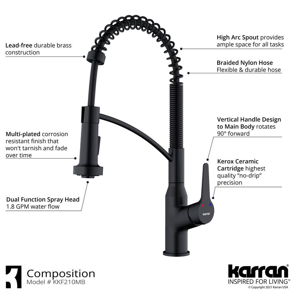 Karran Scottsdale Single Handle Pull Down Sprayer Kitchen Faucet in Matte Black KKF210MB