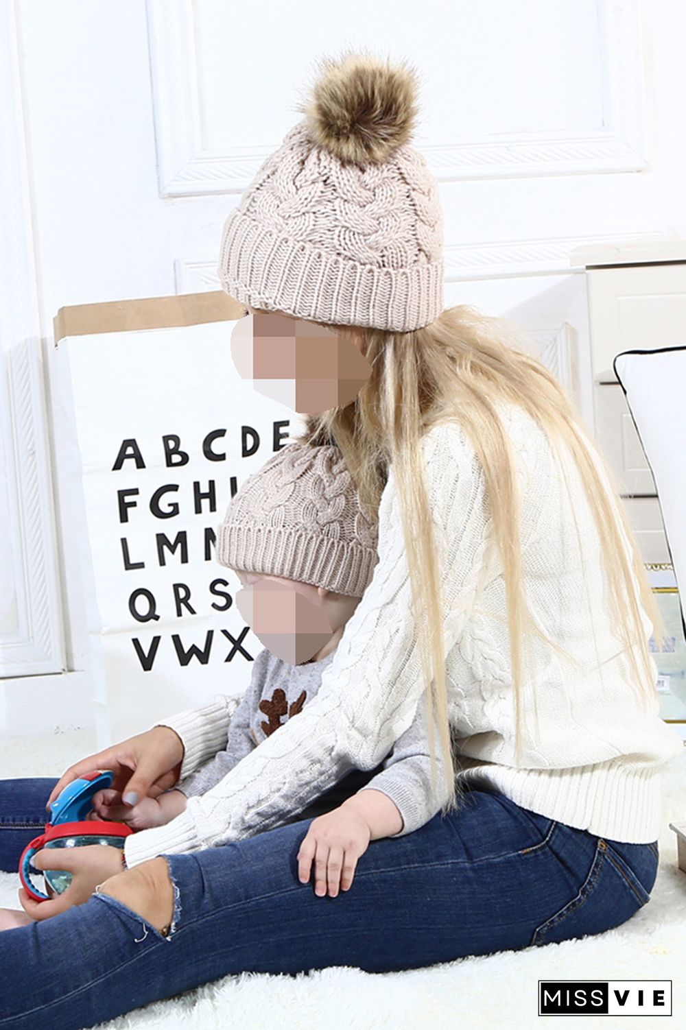 Solid Parent-child Coarse Twist Knitted Hat 2pcs Set Wholesale MOQ3pcs